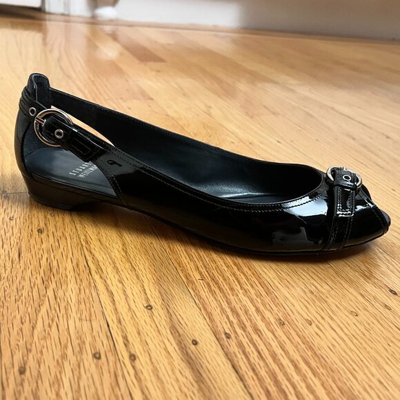 Stuart Weitzman 'Chitchat' Peep Toe Black Patent Leather Ballet Flats ~Size 11~ - Picture 3 of 10